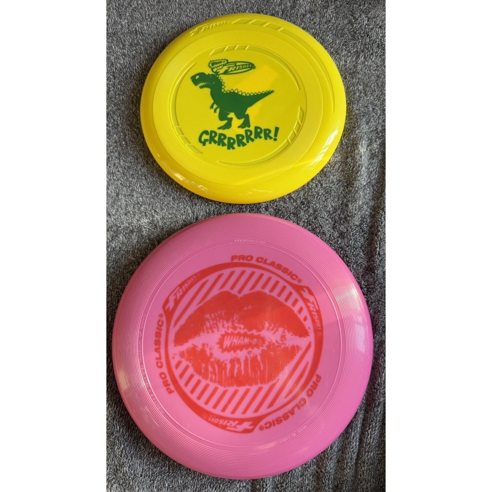 Wham-O Frisbee Lot 2 Pro Classic Lips & Dinosaur Grrrrr Flying Discs Two Sizes
